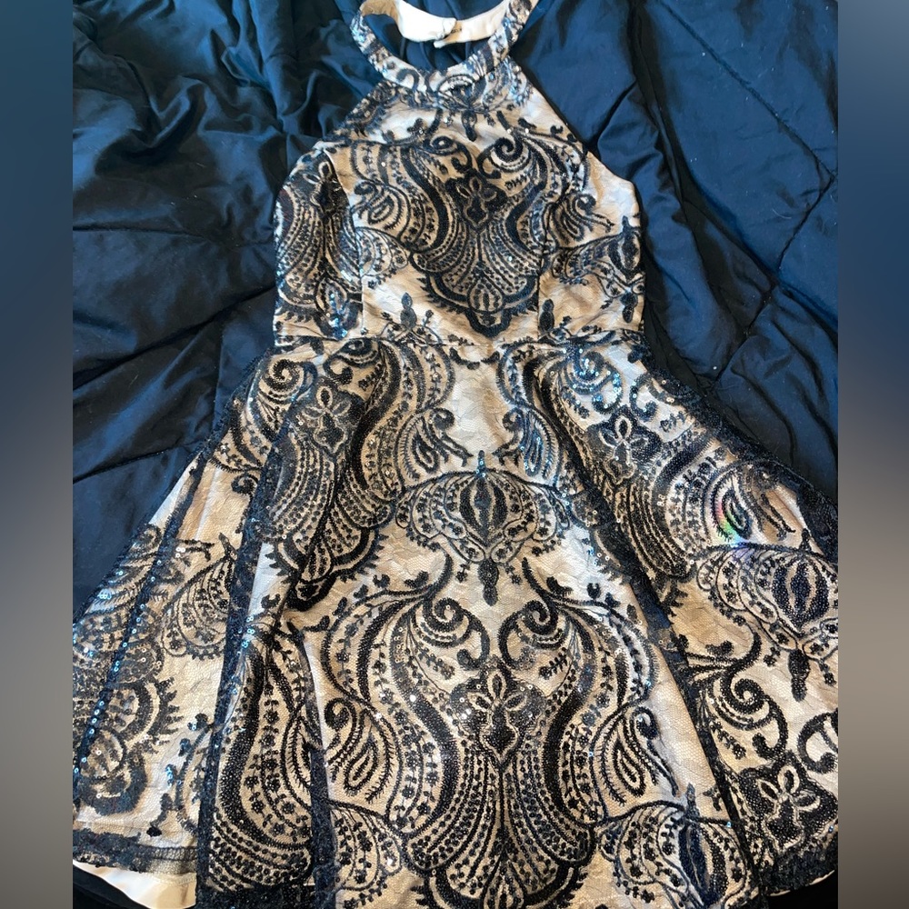 black and tan sequins high neck dress
